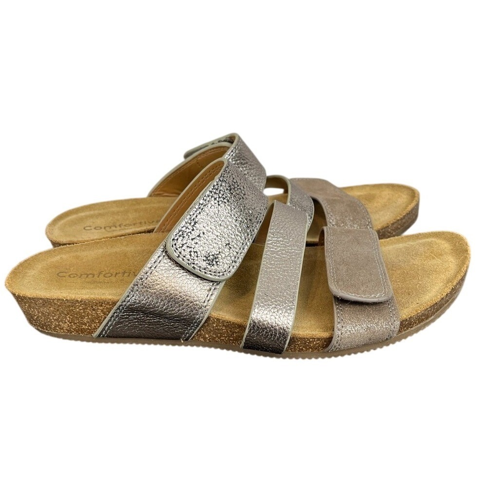 COMFORTIVA Womens 9.5‎ GEMINA Leather Slip-On Sandals Metallic Silver Cork Wedge